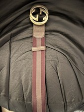 Authentic Gucci Web Purple/Grey Canvas Leather Interlocking G Buckle Belt 80/32