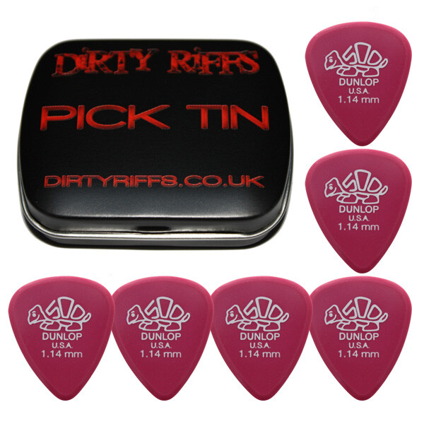 6 x Dunlop Delrin Guitar Picks / Plectrums - 1.14mm Magenta In A Handy Pick Tin