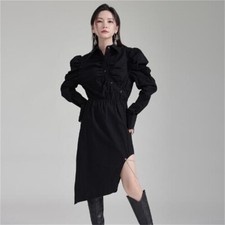 Japanese women's Puffed sleeves irregular high-waisted dress Shirt dress