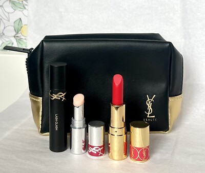 NEW 4PC YSL Rouge Volupte Shine/Candy Glaze Lipstick/Lash Clash Mascara/Pouch