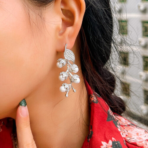 Moda Mujeres Flor Hoja Perla Boda Pendiente Gota Plateado Circonita Circonita Joyería - Imagen 222 de 358