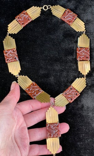 Art Deco antique Molded Czech glass gilt Brass necklace antique jewelry - Picture 14 of 24