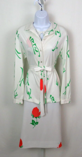 Vintage 60er 70er Jahre MR ALEX BLUMEN KLEID & JACKE & GÜRTEL WEISS GRÜN ROT ORANGE - Bild 2 von 19