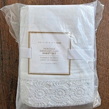 Pottery Barn Teen Heritage Crochet Cuff Sheet Set FULL White NWT