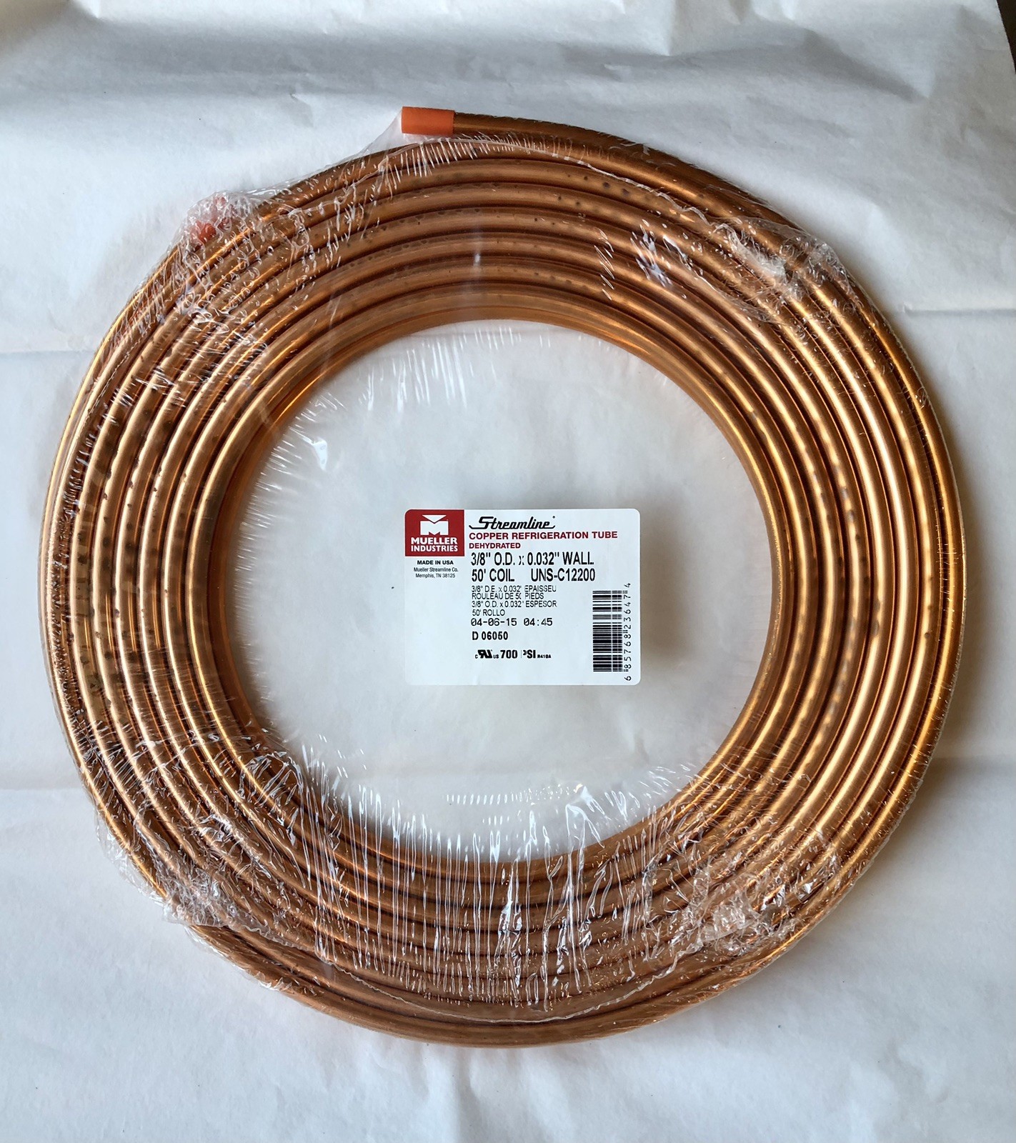 Streamline Mueller Copper Refrigeration Tube 3/8in OD x .032in x 50ft D 06050