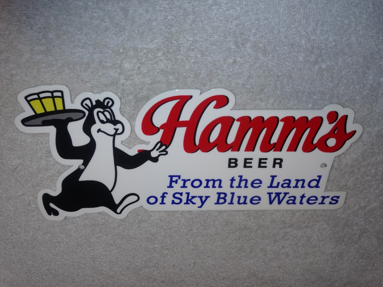 VINTAGE HAMM'S BEER BEAR SERVING HAMMS 1' METAL SKY BLUE WATER GASOLINE OIL SIGN