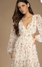 Lulus Floral Chiffon Mini Dress S Ivory Pink Green Tie Back Cut-Out Puff Sleeve