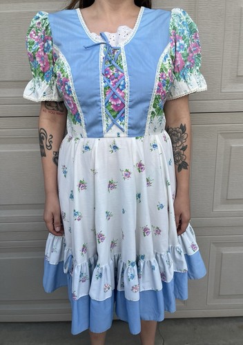 Cottage Core Square Dance Dress Vintage White Floral Large - Picture 3 of 3