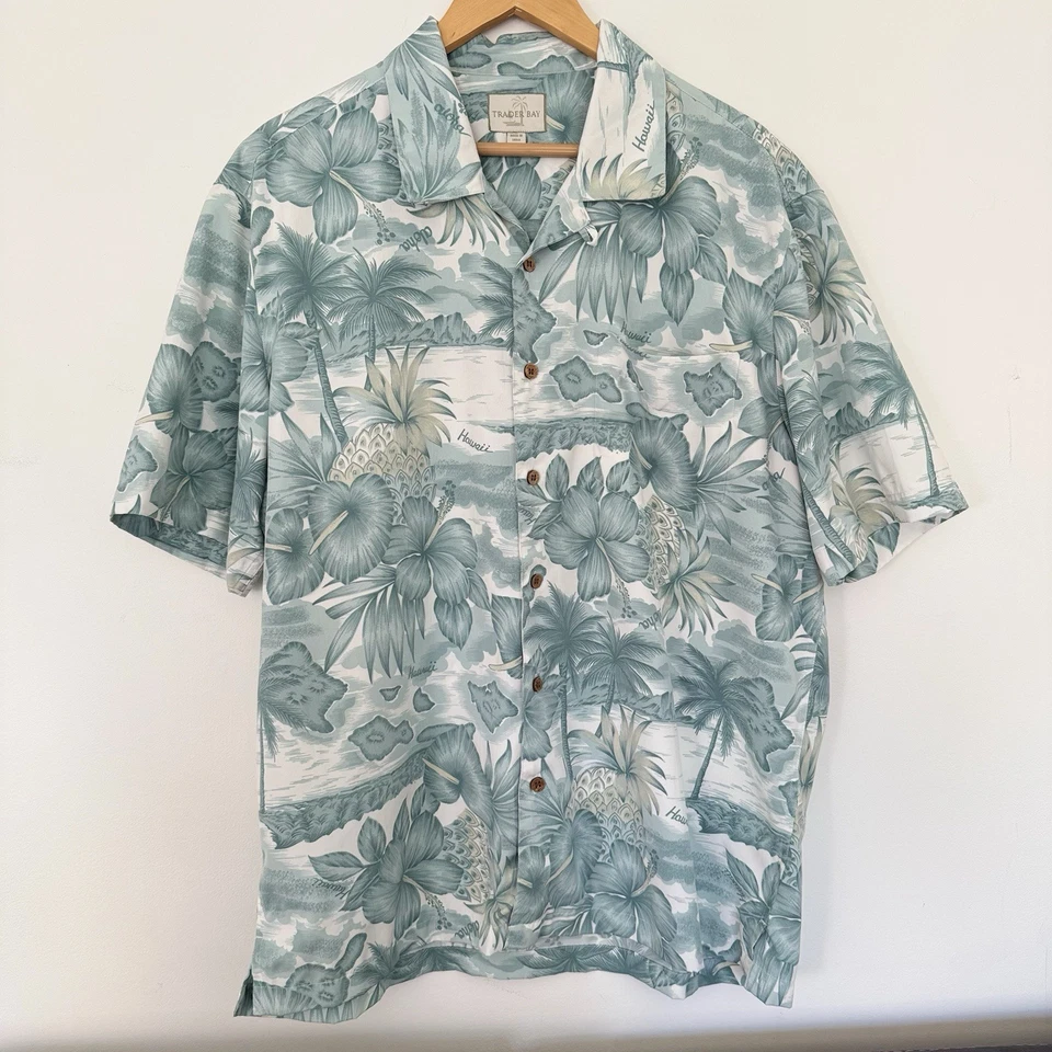 Vintage Trader Bay Hawaiian Shirt Blue & White Aloha Shirt Adult Mens L Soft 90s - Image 2 of 4