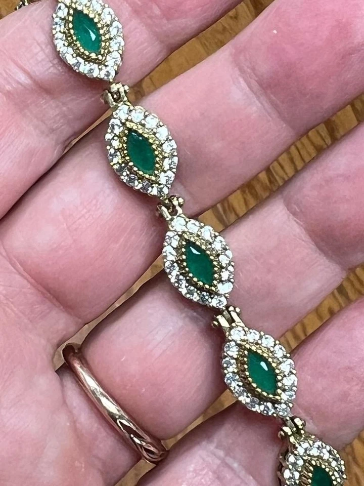 Genuine Green Tourmaline 14K Gold on 925 REAL White Sapphires statement Bracelet - Image 2 of 4