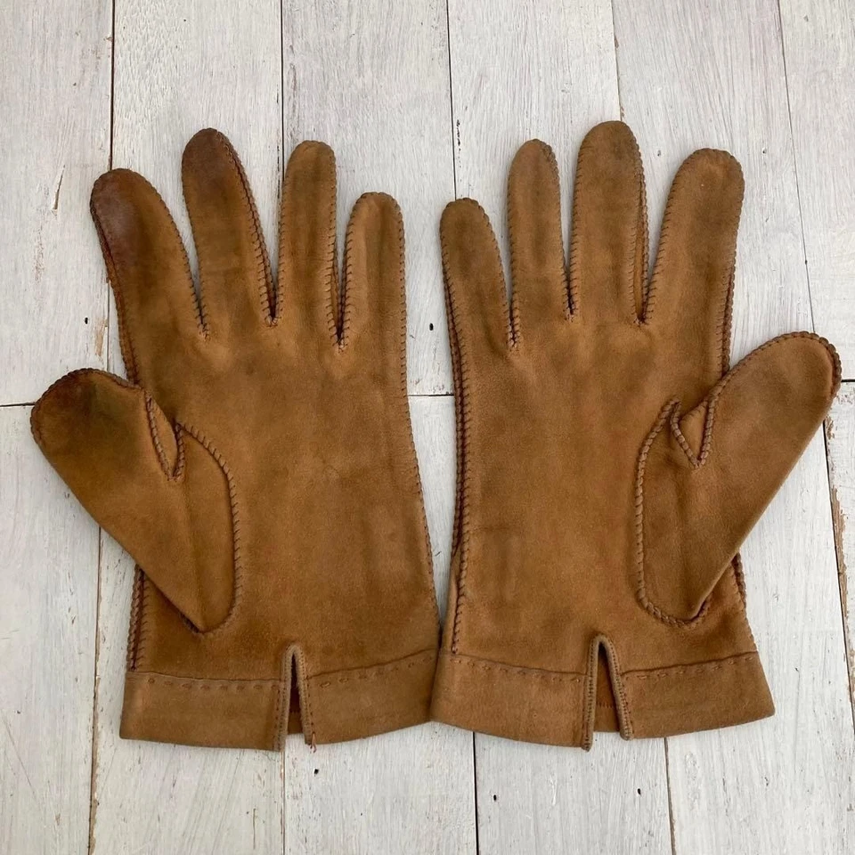 Auténticos Guantes GUCCI Entrelazados G Cinco Dedos Gamuza Marrón Hecho en Italia Foto 2 de 4