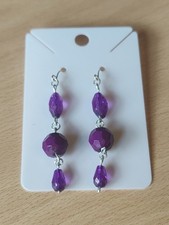 Pretty Purple Bead Droppers Earrings Pierced Silver Hooks Dangle Drop Gift Idea