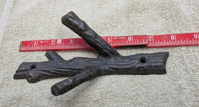 Cast Iron Tree Branch Double Wall Hook, Towel, Coat, Hat Hanger, Rustic Brown