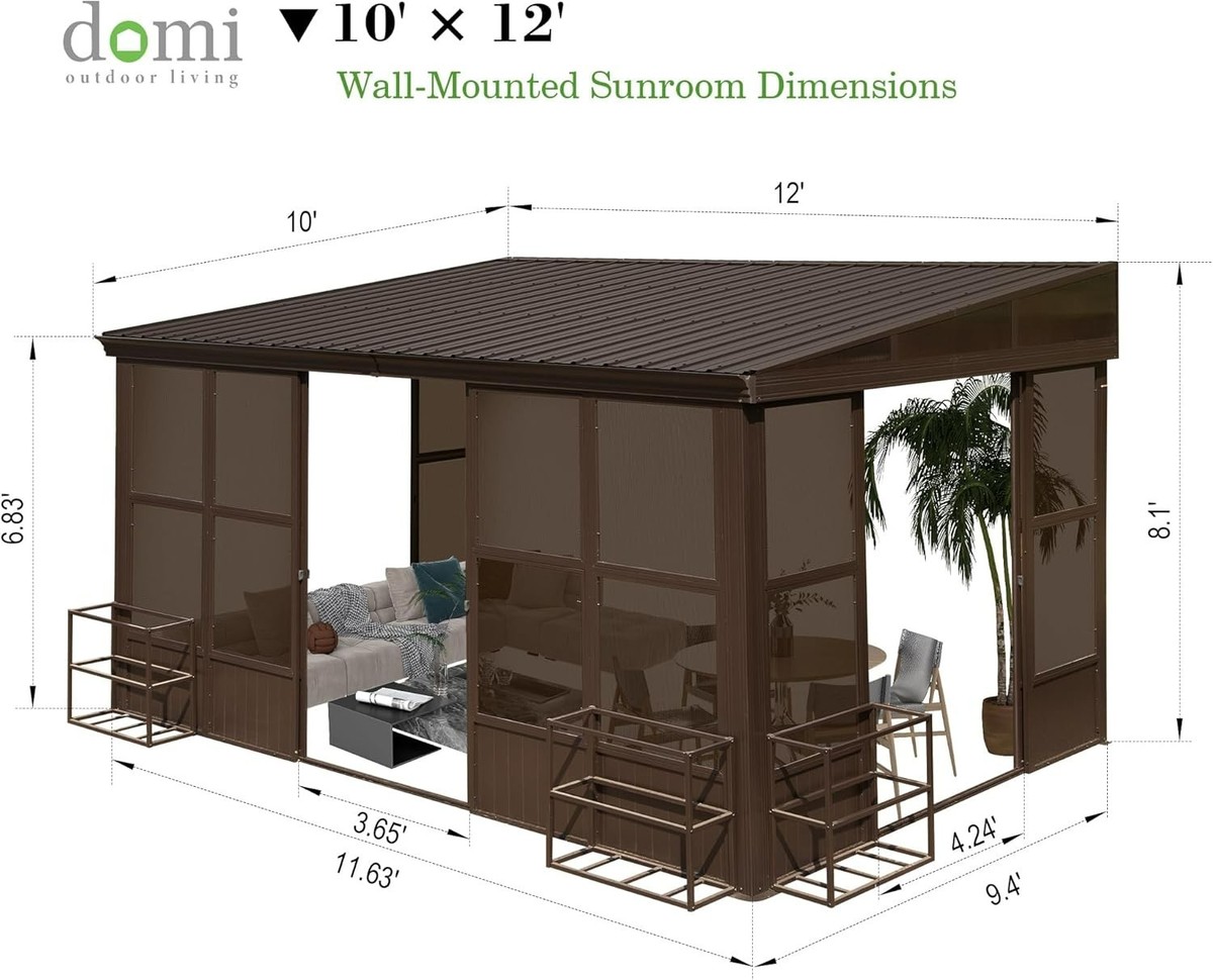 Domi 10'x12' Sunroom,Wall Mounted Gazebo Solarium w/Moveable