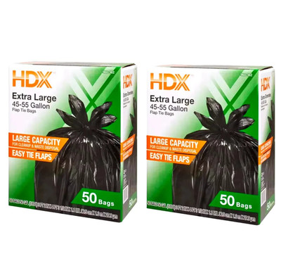100 PCS. HDX EXTRA LARGE 45-55 Gallon Black Trash Bags With Easy Tie Flaps