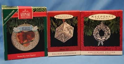 Hallmark Ornaments Lot of 3 Silvery Noel box pewter wreath 25 Years Together