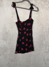 Reformation Dress Womens 0 Black Strawberry Print Tie Strap Sundress Made USA