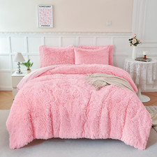 Pink Faux Fur Queen Comforter Set - Ultra Soft 3Pcs Bedding with Pillowcases