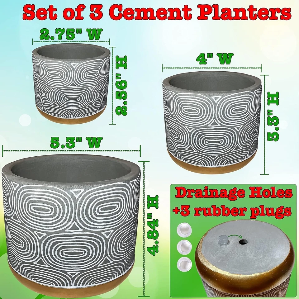 Juego de 3 - Macetas de cemento con orificios de drenaje Foto 2 de 4