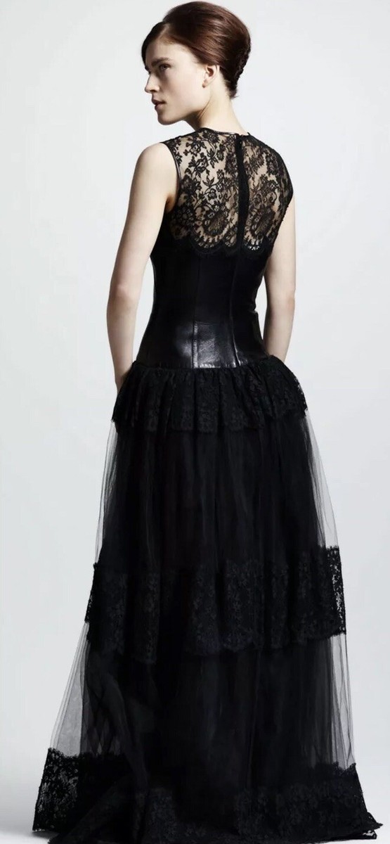 VALENTINO Black Leather Lace Gown Long Dress | eBay