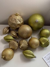 Lot of 13 Green Gold Glitter Satin Style Shatterproof Ball Ornaments BEAUTIFUL