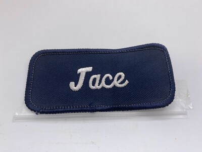 JACE USED EMBROIDERED VINTAGE SEW ON NAME PATCH TAGS WHITE ON DARK BLUE