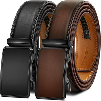 Men Belt 2 Pack, Leather Ratchet Belt Easy Click Slide for Men 1 3/8'',Cut for Fi