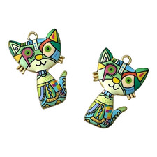 10 Colorful Cat Charms Pendants Abstract Art Kitty Gold Bead Findings Drop 30mm