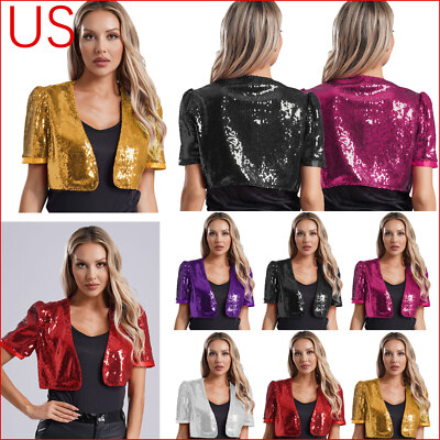 Women's Glitter Sequin Shrug Open Front Disco Cardigan Cropped Bolero  Jackets