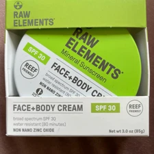 Raw Elements Mineral Sunscreen Face + Body Cream SPF 30, Water Resist- EXP 3/25