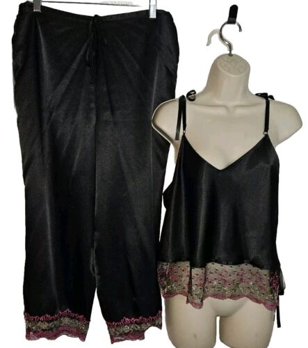 Valerie Stevens Sz L Black Satin Pink Floral Lace Camisole & Bottoms Pajama Set