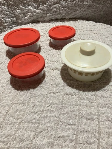 Vintage Pyrex Butterfly Gold Milk Glass Butter Bowl and 3 glass bowls w/ lids