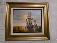 Vtg Impressionist Maritime Oil Original Painting Art Gilt Gold Framed Boat Ship