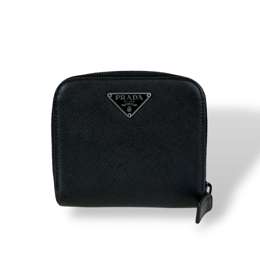 Prada Black Saffiano Leather Zip Around Wallet with Iconic Triangle Logo