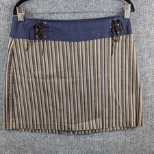 Vintage y2K Wrapper Striped Mini Skirt 90s Navy Tan Lace Up sz 11 Made in USA
