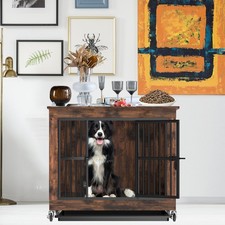 38.6'' Dog Crate Furniture Wooden Dog Kennel with Adjustable 360° Bowls Brown