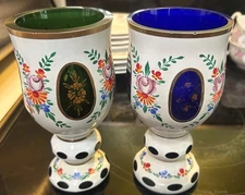 Lausitzer Glass German Hand Blown Cut Crystal  Green n Blue Floral Goblet