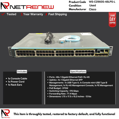 Cisco WS-C2960S-48LPS-L Catalyst 2960-S Series POE Gigabit Network Switch