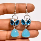 Blue Chalcedony Blue Topaz Gemstone Fashion 925 Silver Earrings 2.1"