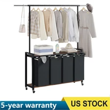 Laundry Sorter 4 Section,Laundry Hamper Cart with Hanging Rack & Shelf & Wheels