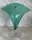 Blenko Glass Fan Vase Green with Clear Base Vintage 12"