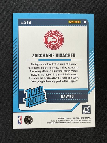 Zaccharie Risacher 2024-25 Panini Donruss Clasificado Novato Holo Granate Láser RC #219 - Imagen 2 de 2