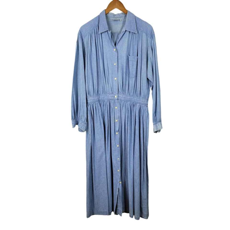 Vintage Denim Shirt Dress Size 14/16 Blue Jean Pockets Modest Distressed Long - Image 2 of 4