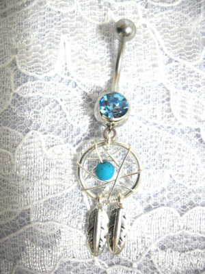 NATIVE SPIRIT DREAM CATCHER w BLUE TURQUOISE BEAD & 2 FEATHERS 14g BELLY RING