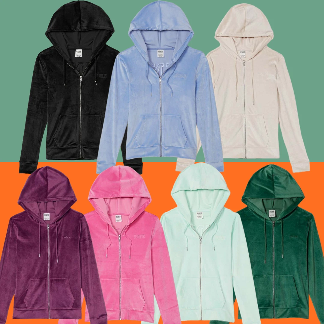Victoria's Secret PINK VELVET VELOUR FULL-ZIP Hoodie Logo Pick S, M,L,XL,2XL NWT