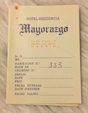 Vintage Hotel Residencia Mayorazgo Madrid Italy Check In Card 1960’s RARE