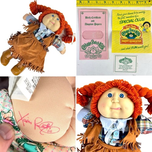 Cabbage Patch Kid Vintage 1986 orange Zöpfe Cowgirl Puppe 16 Zoll Stiefel Wildleder Kleid Etikett