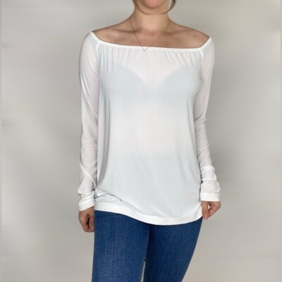 NORMA KAMALI Off The Shoulder Long Sleeve Cinch Flow White Loose Top Blouse
