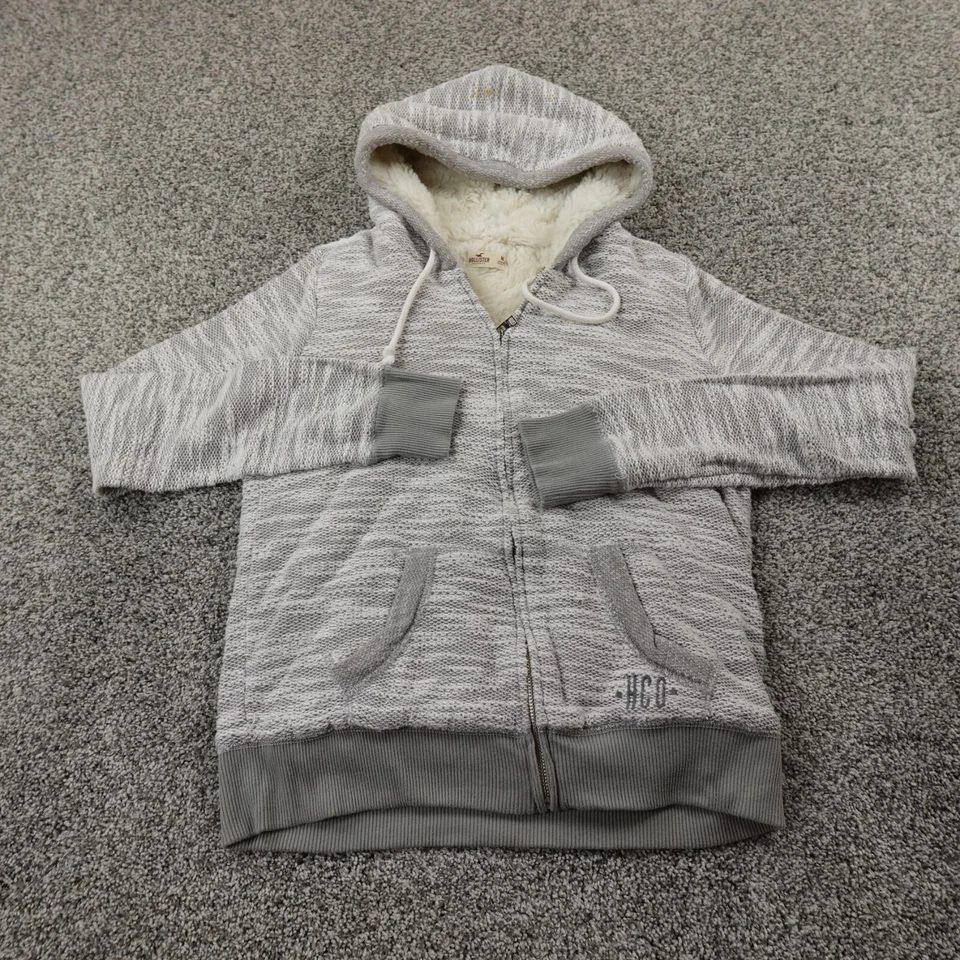 Hollister Hoodie Womens M Gray Heather Sherpa Fleece Sweater Sweatshirt Jacket - Image 2 of 4