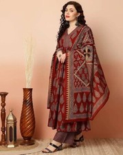 Women Maroon Block Printed Anarkali Kurta With Pants  Duppatta , Salwar Kameez